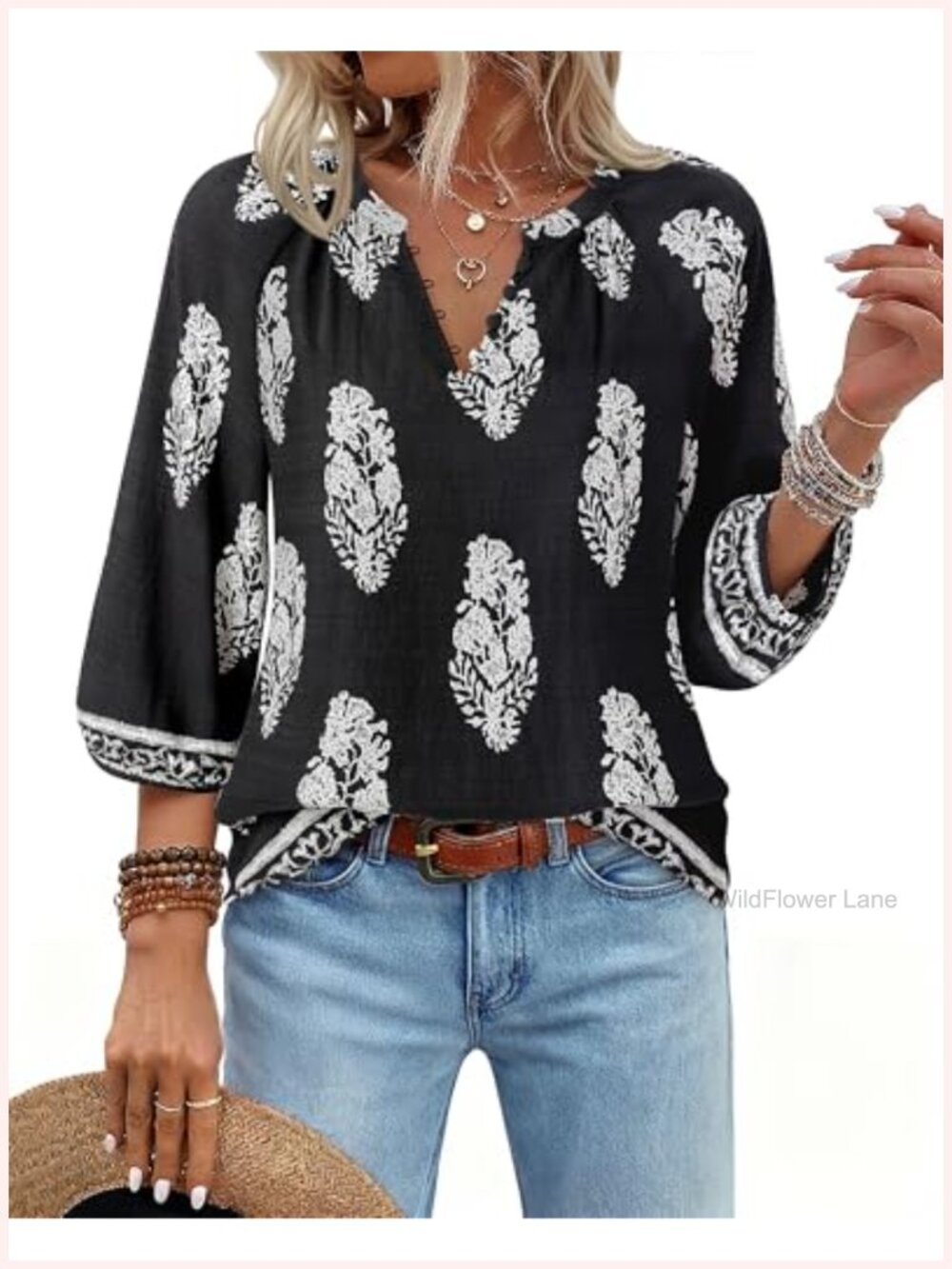 Women's 3/4 Sleeve Chiffon Blouse Button Down V-Neck Business Casual Top
